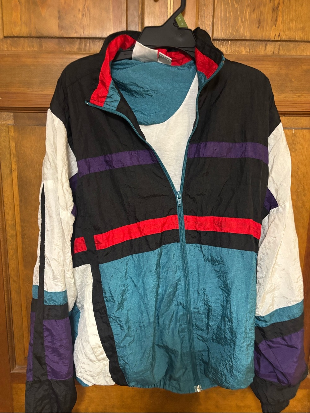 Vintage Colorblock Windbreaker Jacket - Teal, Black & Red